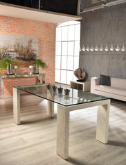 Table fixe 180x90 cm avec plateau en verre trempé et pieds et base beige