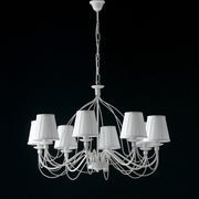 Lustre Shabby en fer blanc huit lumières abat-jour blancs 83x h49 cm