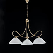 Lustre fer décapé ivoire trois lumières abat-jour verre blanc albâtre 78x h65 cm