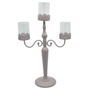 Bougeoir candélabre en métal taupe3 places avec verre cm38x17h62