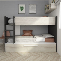 Chambre avec lit superposé avec lit gigogne blanc usé et anthracite réversible