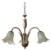 Lustre 3 lumières avec monture marron et verre nuageux, culot E14.