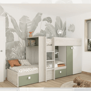 Lit superposé 1268 vintage blanc et vert avec armoire et tiroirs