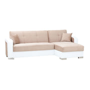 Canapé-lit en éco-cuir blanc et tissu beige avec péninsule à droite 240x140xh.88 cm