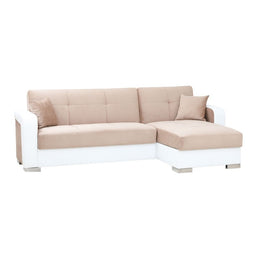 Canapé lit en simili cuir blanc et tissu beige avec péninsule à droite 240x140xh.88 cm