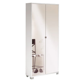 Armoire polyvalente mince deux portes miroir huit étagères blanches blancs 83x29x H190 cm