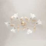 Plafonnier à six lumières en fer ivoire doré avec verre blanc albâtre 95x52x h20 cm