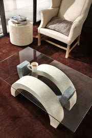 Table basse avec plateau en verre trempé et pieds beige/gris 120x70x41h cm