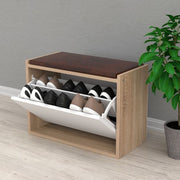 Étagère à chaussures coffre Susa en blanc et sonoma avec coussin rembourré