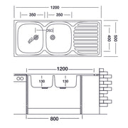 Évier de cuisine 2 bacs avec égouttoir gauche en acier 50x120 cm (N127SX)