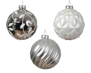 Décoration de Noël Boule en verre brillant-mat avec lignes à carreaux et feuille 3 pièces couleur blanc/argent ø 10cm