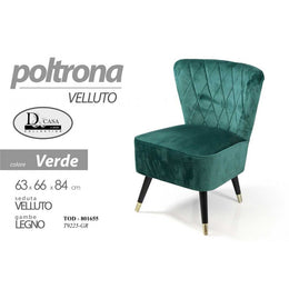 Fauteuil de chambre verte en velours 63 x 66 x 84 h cm