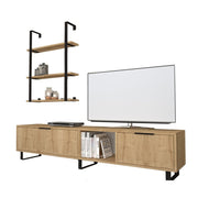 Meuble TV 2 abattants avec bibliothèque 3 étagères en chêne 180x35xh.40 cm