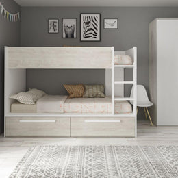 Chambre avec lit superposé avec tiroirs blanc usé et blanc réversible