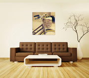 Tableau sur verre 70x70 cm avec toile multicolore