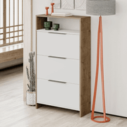 Étagère à chaussures Kaju avec 3 portes pliantes blanches et structure en noyer