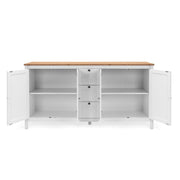 Buffet mobile 4 portes 3 tiroirs blanc avec plateau en chêne 180x40xh.90 cm