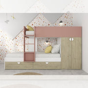 Chambre avec lit superposé avec tiroirs et armoire en chêne et vieux rose